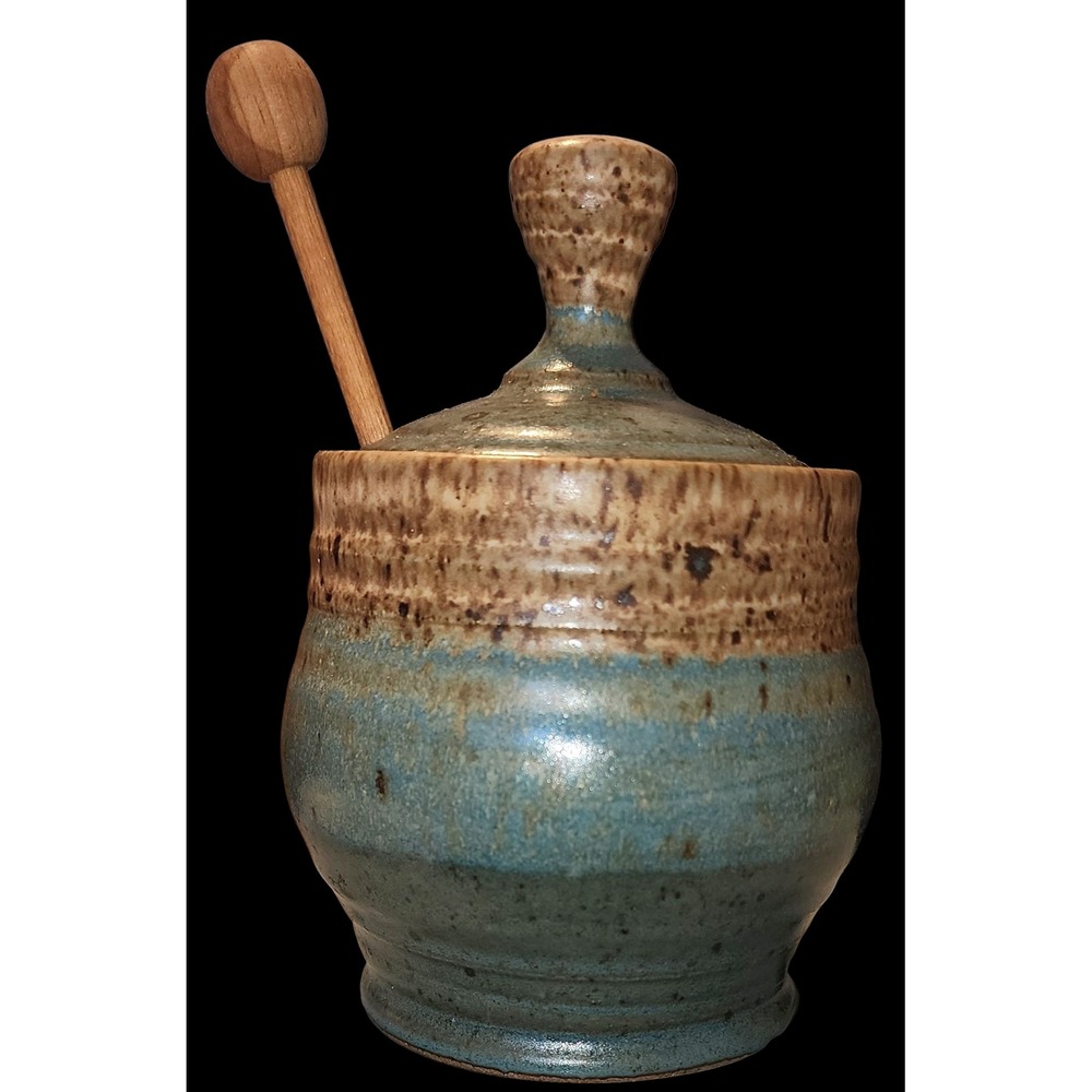 Signed WV Pottery  Honey Pot Jar Blue Brown Stoneware with Wooden Dipper